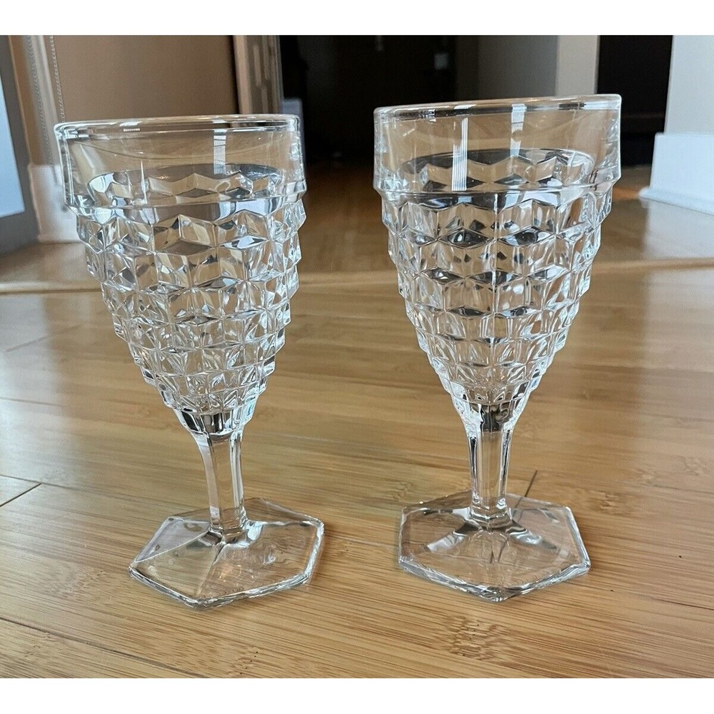Set of 2 Vintage Fostoria American Water‎ Goblets Clear Glasses Hex Foot 6-7/8"